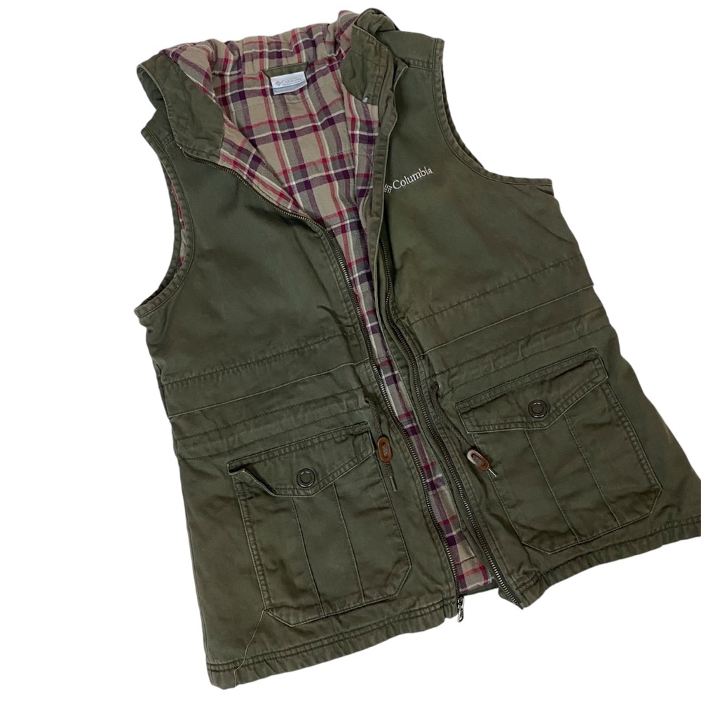COLUMBIA KHAKI ARMY GREEN TRAIL VEST COTTON JACKET PLAID HOOD CINCH WAIST MEDIUM